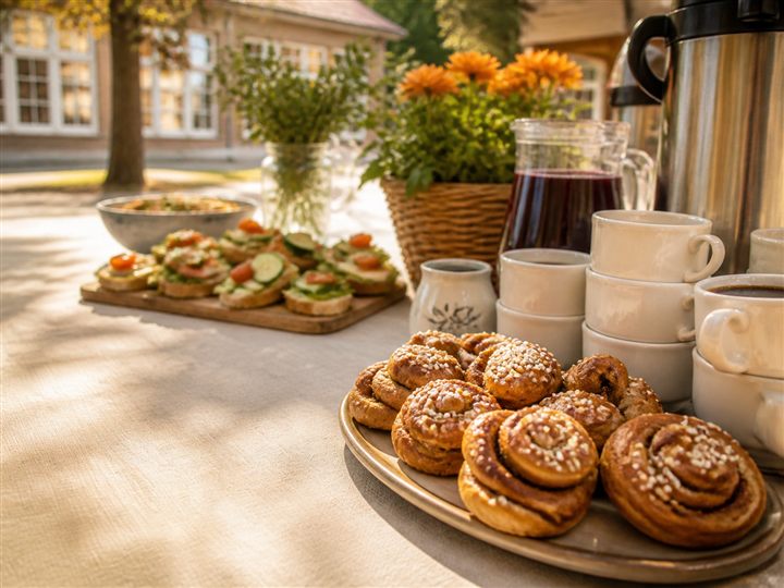 Kyläjuhlan buffetissa kahvia ja tarjottavia